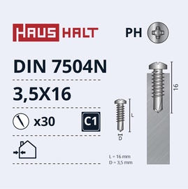 Саморез Haushalt DIN 7504N, 3.5 мм x 16 мм, 30 шт.