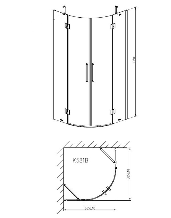 Dušas kabīne Masterjero K-581B, pusapaļā, bez paliktņa, 900 mm x 900 mm x 1950 mm