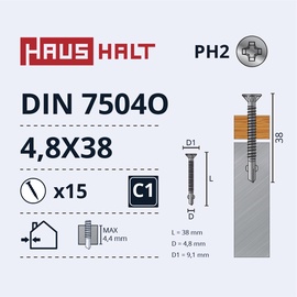 Pašvītņojošā skrūve Haushalt DIN 7504O, 4.8 mm x 38 mm, 15 gab.