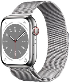 Nutikell Apple Watch Series 8 GPS + Cellular 45mm Silver Stainless Steel Case with Silver Milanese Loop, hõbe