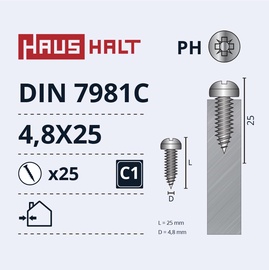 Pašvītņojošā skrūve Haushalt DIN7981C, 4.8 mm x 25 mm, 25 gab.