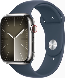 Viedais pulkstenis Apple Watch Series 9 GPS + Cellular, 45mm Silver Stainless Steel Storm Blue Sport Band S/M, sudraba