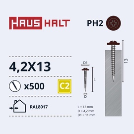 Pašvītņojošā skrūve Haushalt DIN 14566, 4.2 mm x 13 mm, 500 gab.