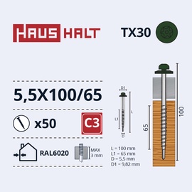 Саморез Haushalt DIN 7504N, 5.5 мм x 100 мм/65 мм, 50 шт.