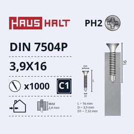 Pašvītņojošā skrūve Haushalt DIN 7504P, 3.9 mm x 16 mm, 1000 gab.