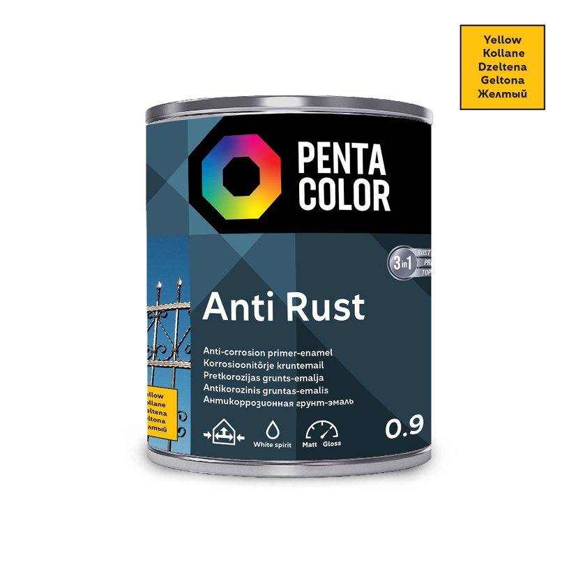 Emailvärv, korrosioonivastane metallkonstruktsioonidele Pentacolor Anti Rust, poolläikiv, 0.9 l, kollane