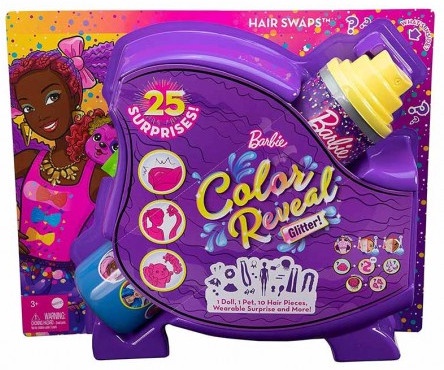 Кукла Mattel Barbie Color Reveal Glitter Hair Swaps Doll HBG40, 32.5 см