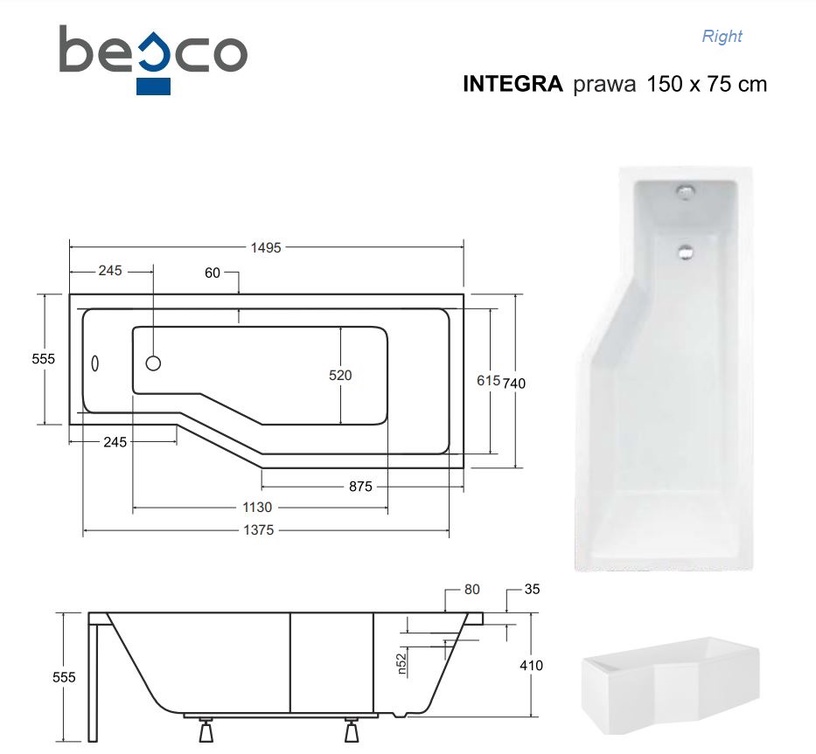 Vann seinaga, teisaldatav Besco Integra, 75 cm x 150 cm x 55.5 cm, parempoolne
