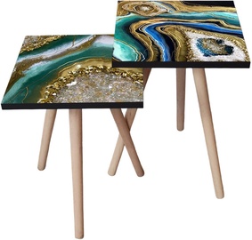 Kafijas galdiņu komplekts Kalune Design 2SHP421, zelta/zaļa/daudzkrāsaina, 35 cm x 35 cm x 47 cm