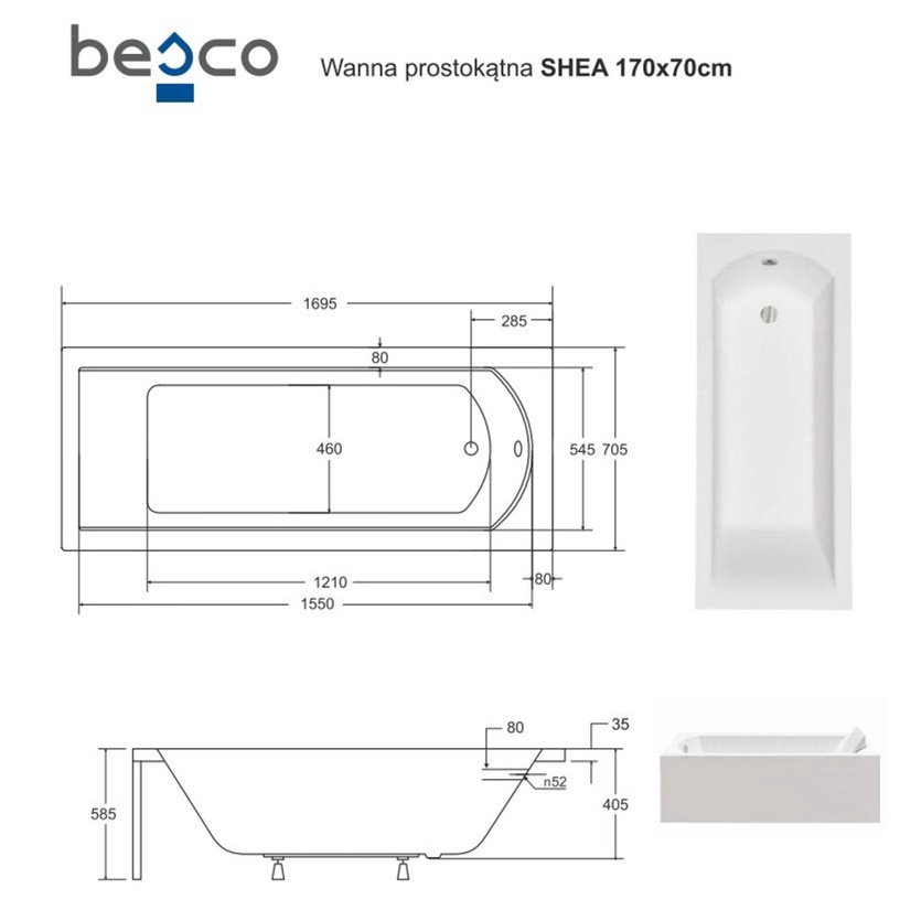Vann, teisaldatav Besco Shea, 170 cm x 70 cm x 58.5 cm, ristkülik