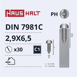 Pašvītņojošā skrūve Haushalt DIN7981C, 2.9 mm x 6.5 mm, 30 gab.
