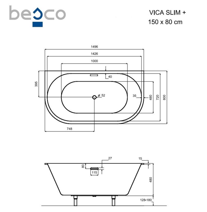 Vanna, iebūvējams Besco Vica Slim+, 80 cm x 150 cm x 48 cm, taisnstūra