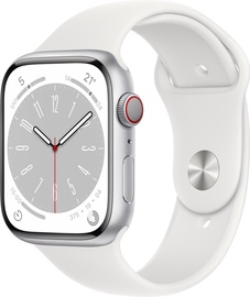 Viedais pulkstenis Apple Watch Series 8 GPS + Cellular 45mm Silver Aluminium Case with White Sport Band - Regular, sudraba