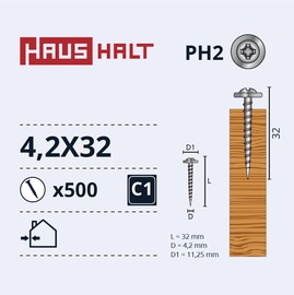 Pašvītņojošā skrūve Haushalt DIN 14566, 4.2 mm x 32 mm, 500 gab.