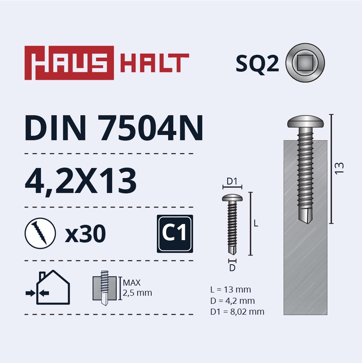 Саморез Haushalt DIN 7504N, 4.2 мм x 13 мм, 30 шт.