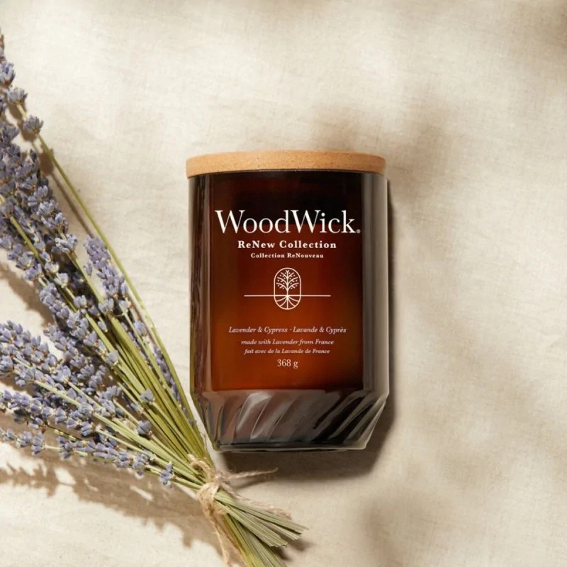 Svece, aromātiskā WoodWick Renew Large Lavender & Cypress, 60 - 120 h, 368 g
