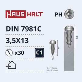 Pašvītņojošā skrūve Haushalt DIN7981C, 3.5 mm x 13 mm, 30 gab.