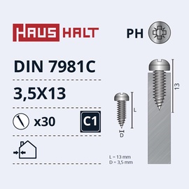 Isekeermestavad kruvid Haushalt DIN7981C, 3.5x13 mm, 30 tk