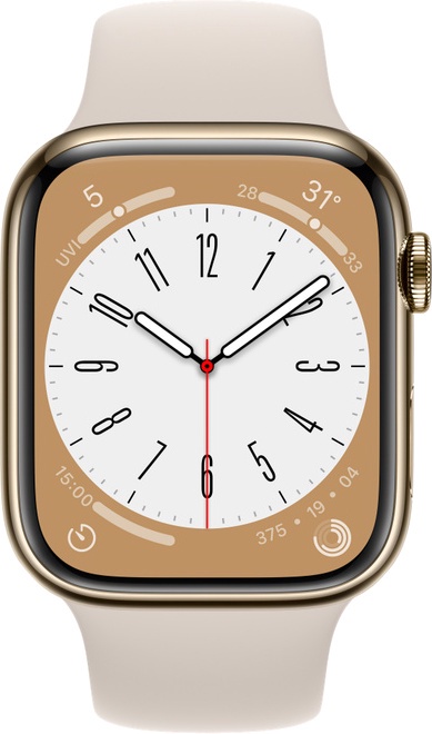 Nutikell Apple Watch Series 8 GPS + Cellular 45mm Gold Stainless Steel Case with Starlight Sport Band - Regular, kuldne