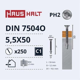 Саморез Haushalt DIN 7504O, 5.5 мм x 50 мм, 250 шт.