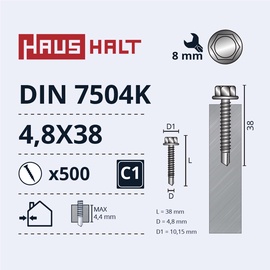 Pašvītņojošā skrūve Haushalt DIN 7504K, 4.8 mm x 38 mm, 500 gab.