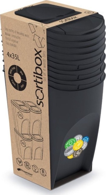 Atkritumu šķirošanas sistēma Prosperplast Sortibox, 4 x 35 l l, melna