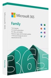 Programmatūra Microsoft MS M365 Family English Subscription P8 EuroZone 1 License Medialess 1 Year (EN)