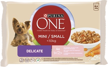 Mitrā barība (konservi) suņiem Purina Delicate with Salmon and Rice, rīsi/lasis, 0.1 kg, 4 gab.