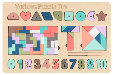 Деревянная головоломка, формы и цифры 5in1 610056, многоцветный