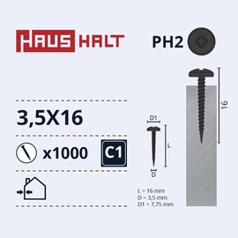 Pašvītņojošā skrūve Haushalt DIN 7504N, 3.5 mm x 16 mm, 1000 gab.