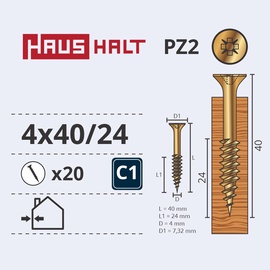 Puidukruvi Haushalt PZ2, 4 x 40 mm, kollane, 20 tk