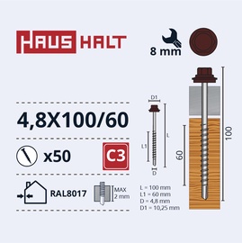 Pašvītņojošā skrūve Haushalt DIN 7504K, 4.8 mm x 100 mm/60 mm, 50 gab.
