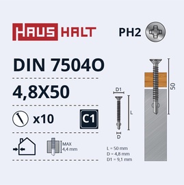 Pašvītņojošā skrūve Haushalt DIN 7504O, 4.8 mm x 50 mm, 10 gab.