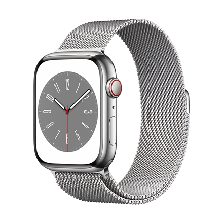 Nutikell Apple Watch Series 8 GPS + Cellular 45mm Silver Stainless Steel Case with Silver Milanese Loop, hõbe
