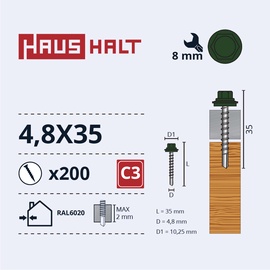 Саморез Haushalt DIN 7504K, 4.8 мм x 35 мм, 200 шт.