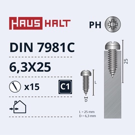 Isekeermestavad kruvid Haushalt DIN 7981C, 6.3x25 mm, 15 tk