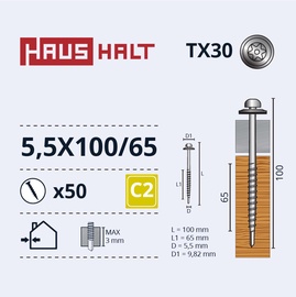 Isekeermestavad kruvid Haushalt DIN 7504N, 5.5x100 mm/65 mm, 50 tk