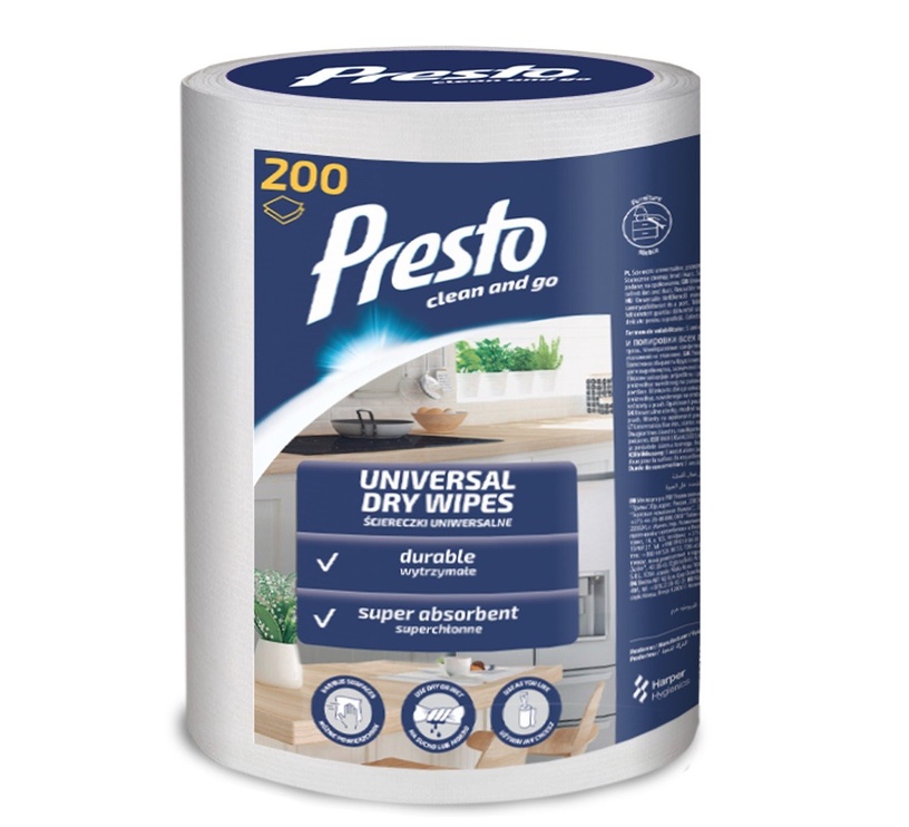 Šluostė Presto Universal Dry Wipes, balta, universali, 200 vnt