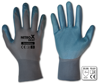 Darba cimdi pirkstaiņi Bradas Nitrox, poliesters/nitrils, zila/pelēka, 8, 6 gab.