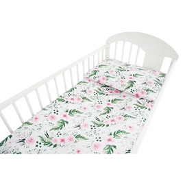 Voodipesukomplekt lastele Ankras Roses, 135 cm x 100 cm, valge/roheline/roosa