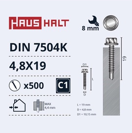 Саморез Haushalt DIN 7504K, 4.8x19 мм, 500 шт.