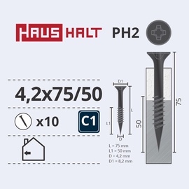 Koka skrūve Haushalt PH2, 4.2 x 75 mm/50 mm, pelēka, 10 gab.