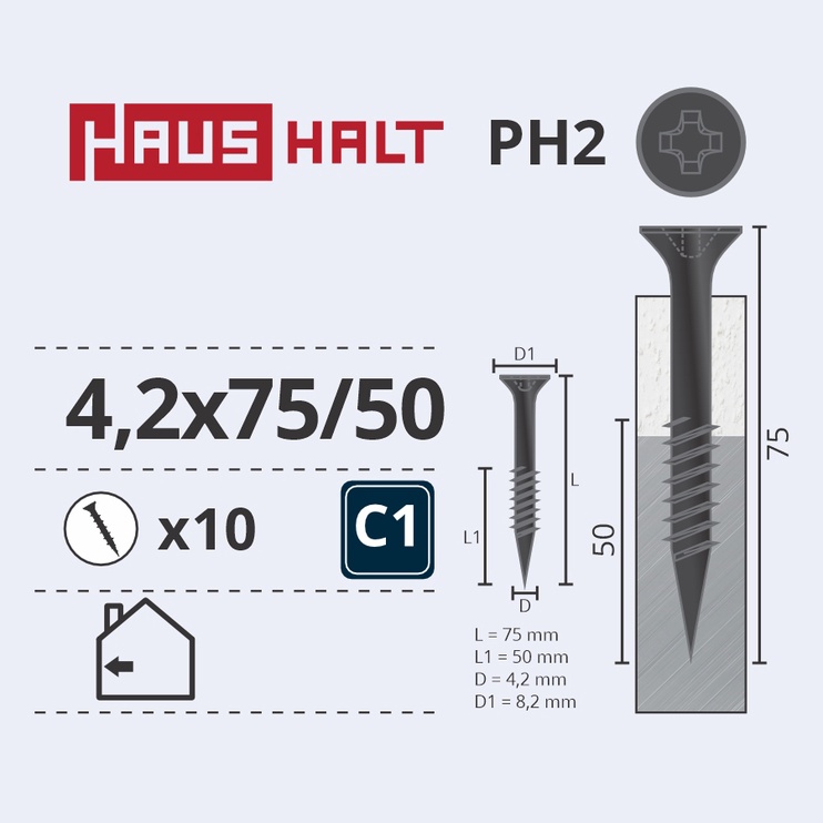 Puidukruvi Haushalt PH2, 4.2 x 75 mm/50 mm, hall, 10 tk