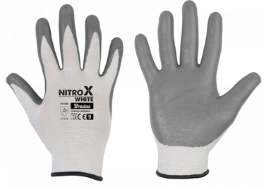 Darba cimdi gumijots NITROX WHITE RWNWH9, pieaugušajiem, poliesters/nitrils, balta/melna/pelēka, 9, 6 gab.