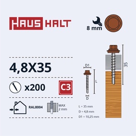 Саморез Haushalt DIN 7504K, 4.8 мм x 35 мм, 200 шт.