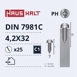 Pašvītņojošā skrūve Haushalt DIN7981C, 4.2 mm x 32 mm, 25 gab.