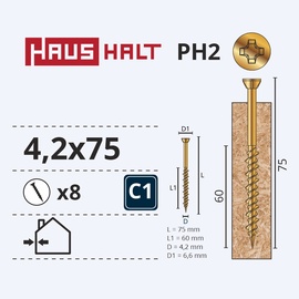 Puidukruvi Haushalt ZN, PH, 4.2 x 75 mm, kollane, 8 tk