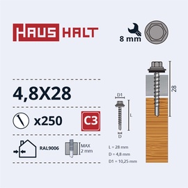 Саморез Haushalt DIN 7504K, 4.8 мм x 28 мм, 250 шт.