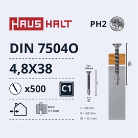 Саморез Haushalt DIN 7504O, 4.8 мм x 38 мм, 500 шт.