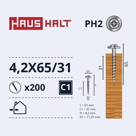 Pašvītņojošā skrūve Haushalt DIN 14566, 4.2 mm x 65 mm, 200 gab.
